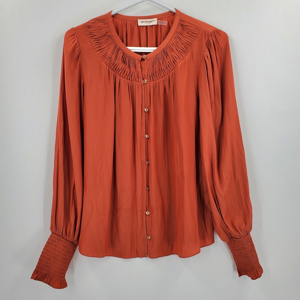 Ramy Brook Isla Smocked Blouse Orange Puff Long Sleeve Lightweight Size Small